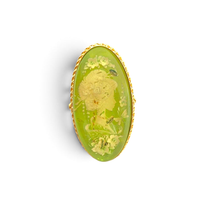 Anello Geisha di Ambra verde montato in Argento Dorato