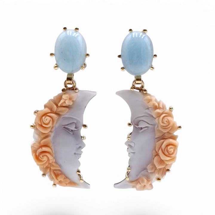 Moon earrings "cameo and aquamarine" mounted on silver