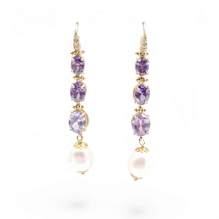 End of collection - Faceted amethyst earrings, river pearls mounted on silver