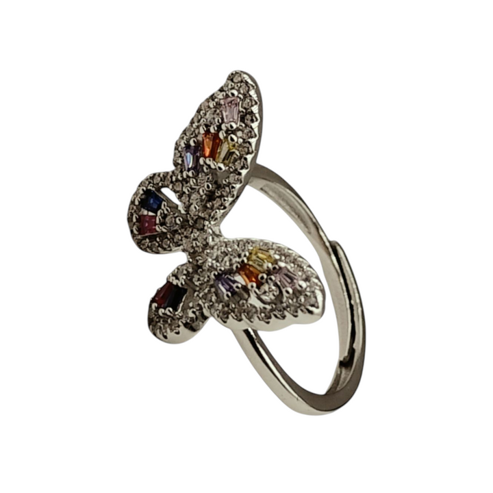 Anello farfalla in zirconi colorati montato su argento