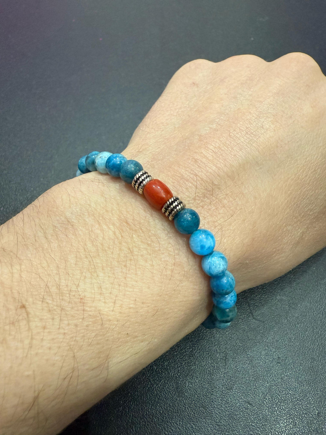 Apatite bracelet, coral, mounted on silver
