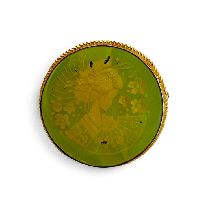 Anello Geisha di Ambra verde montato in Argento Dorato