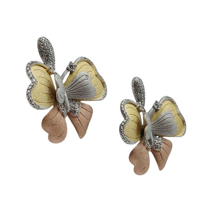Butterfly earrings in silver, gold and copper with zircons