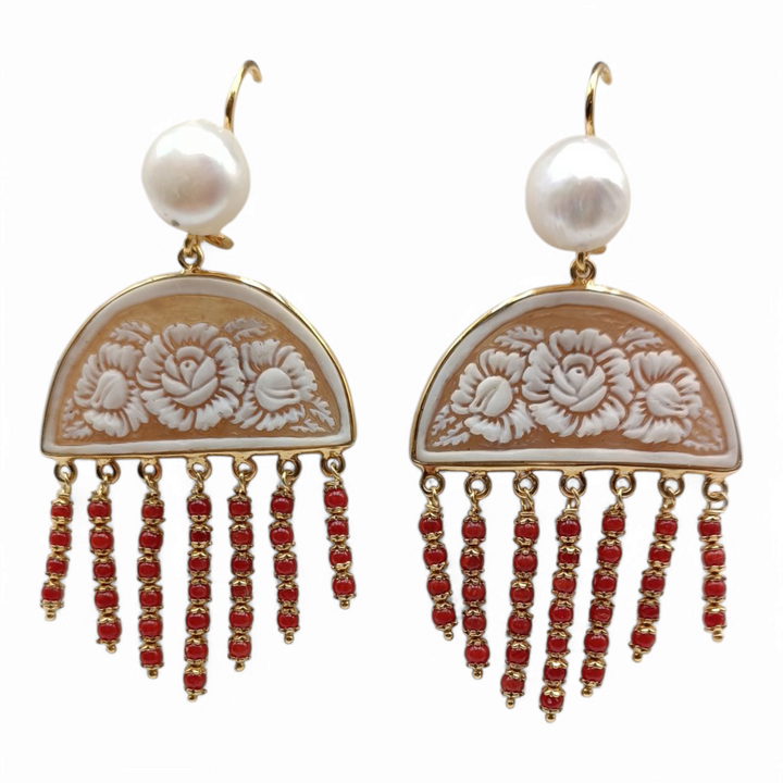 Cameo and coral flower arch earrings mounted on silver