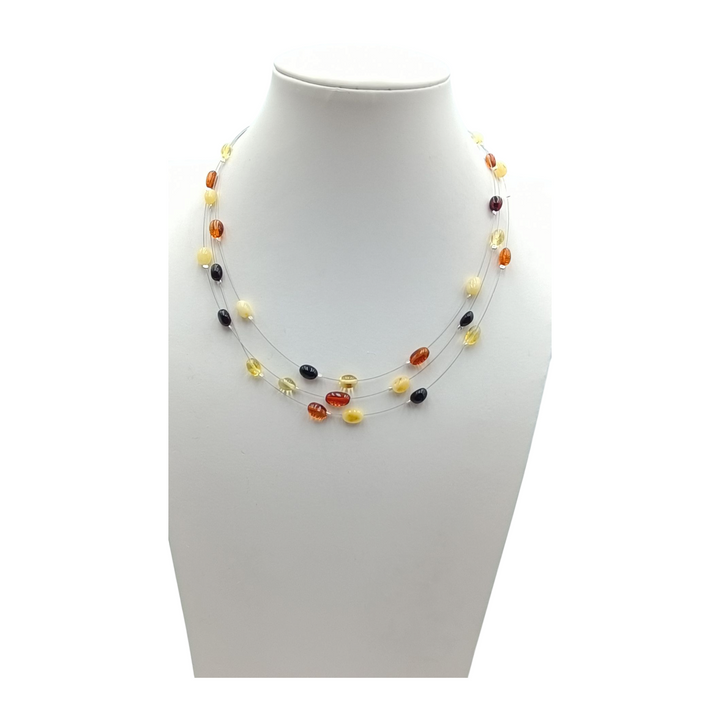 Multi-strand and multi-colored amber necklace mounted on silver