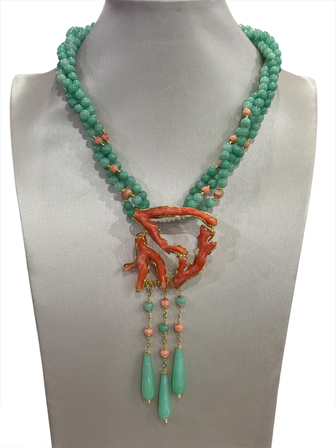 Collana ramo di corallo e acquamarina montato su argento