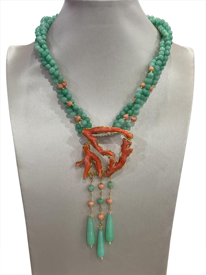 Collana ramo di corallo e acquamarina montato su argento
