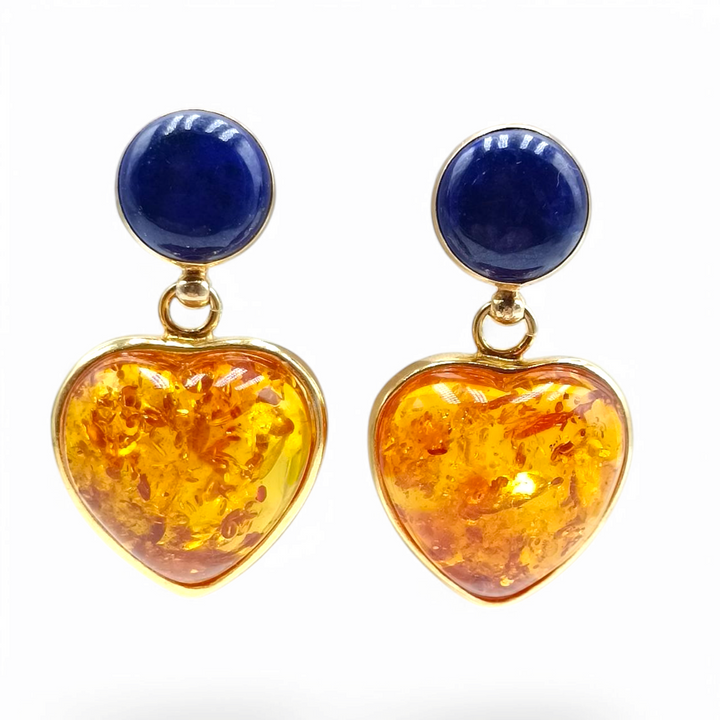 Amber heart earrings mounted on silver