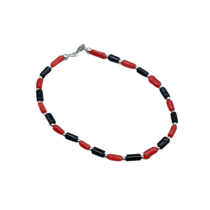 Red coral and black agate bracelets mounted on silver