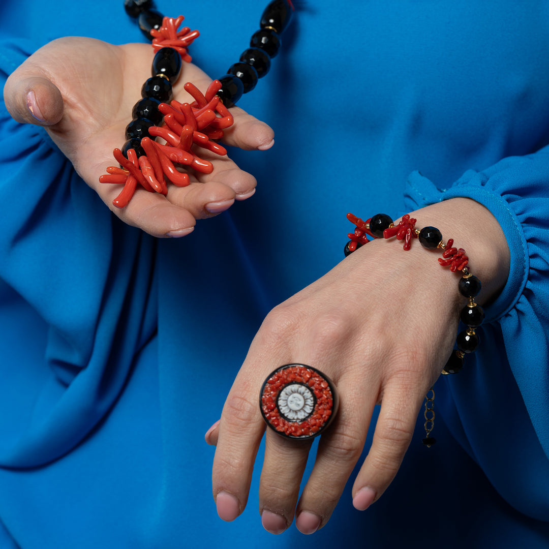 Mediterranean red coral and black agate necklace mounted on silver
