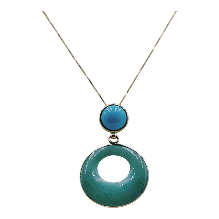 Green quartz and turquoise paste pendant mounted on silver