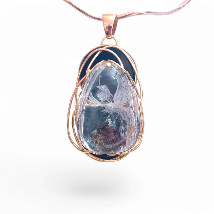 "The Phoenix" Cabochon Pendant in Quartz with Natural Lodlite with Back Engraving