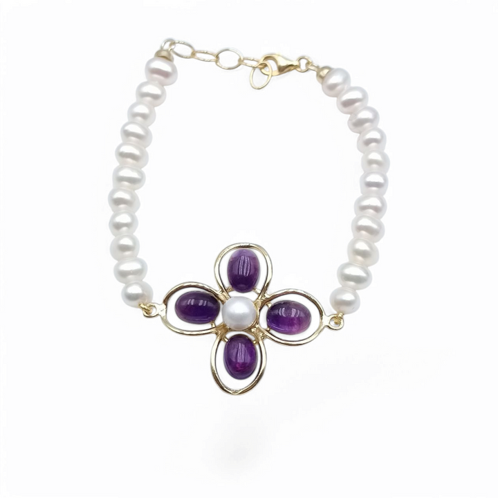 Jade and amethyst flower bracelet mounted on river pearls and silver