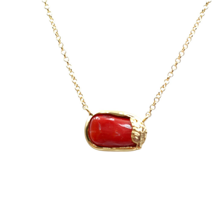 Necklace with red and pink coral pendant mounted on silver and gold-plated silver