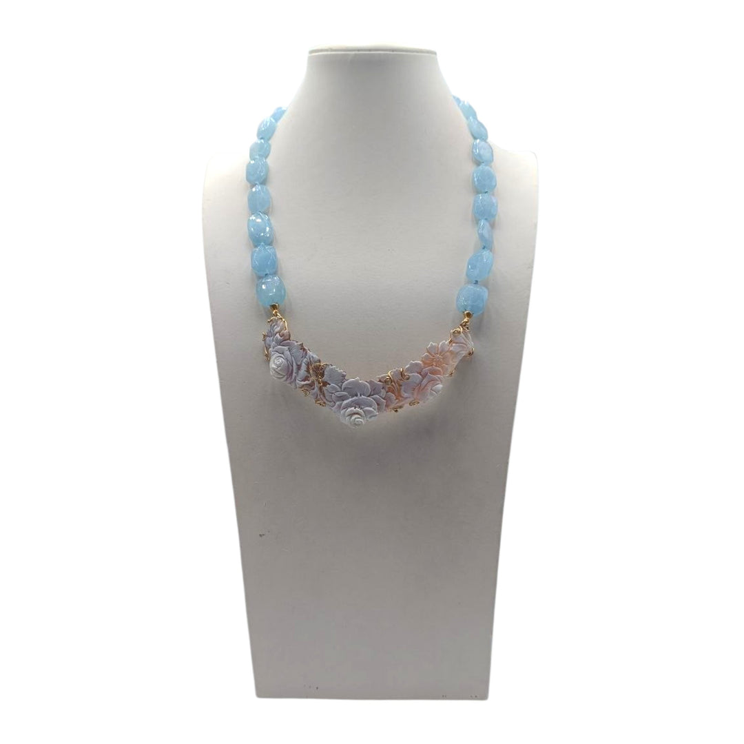 Collana collier di cammeo sardonico montato in acquamarina e argento dorato