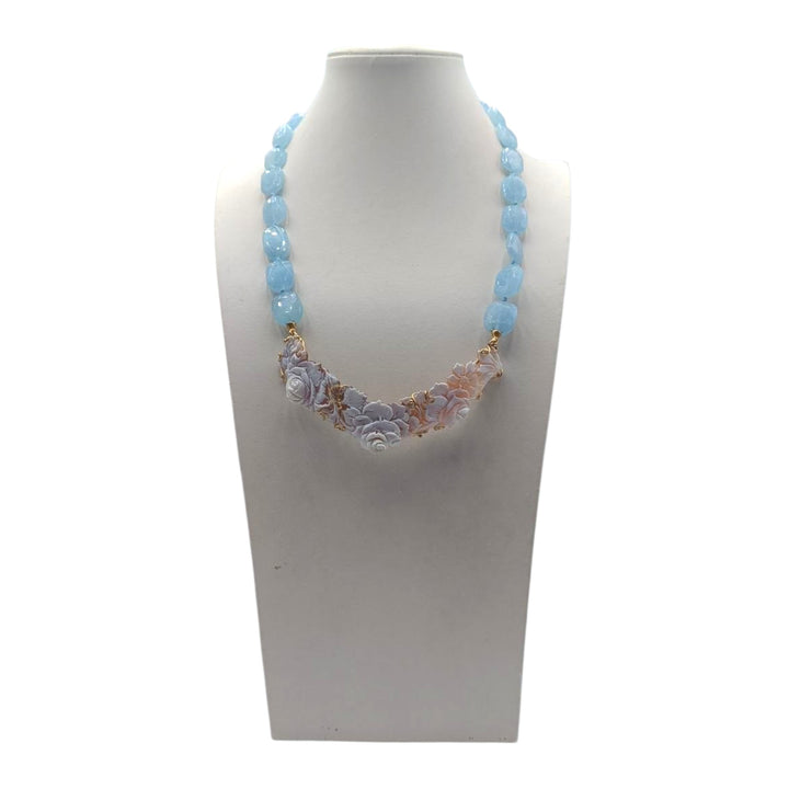 Collana collier di cammeo sardonico montato in acquamarina e argento dorato