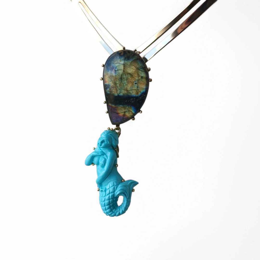 Mermaid necklace in turquoise paste and labradorite mounted on silver