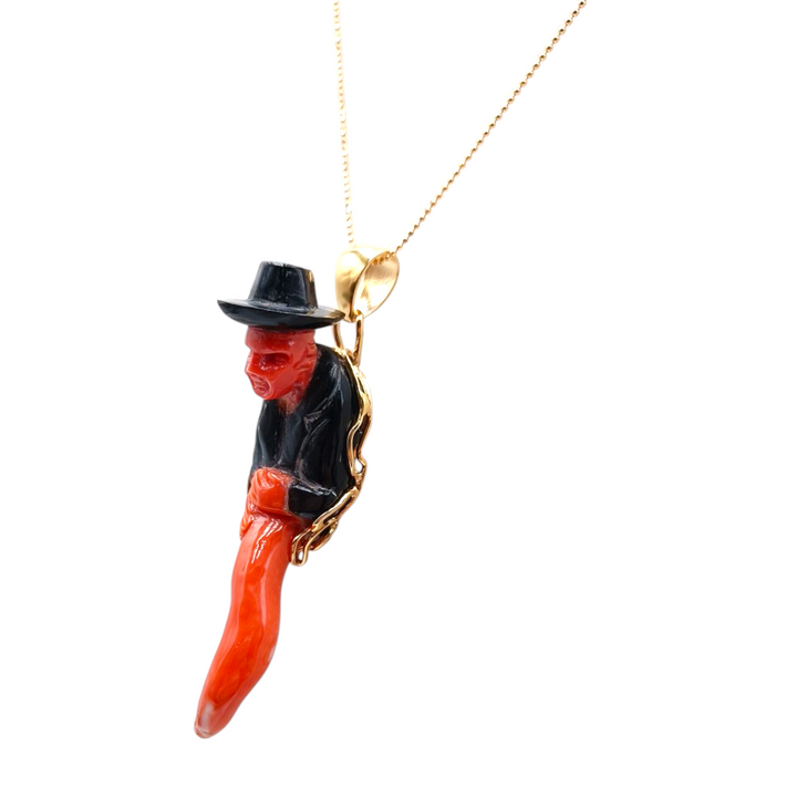 Collana ciondolo " il gobbo" oppure  "o' Scartellat" in corallo rosso e corallo nero montato su argento