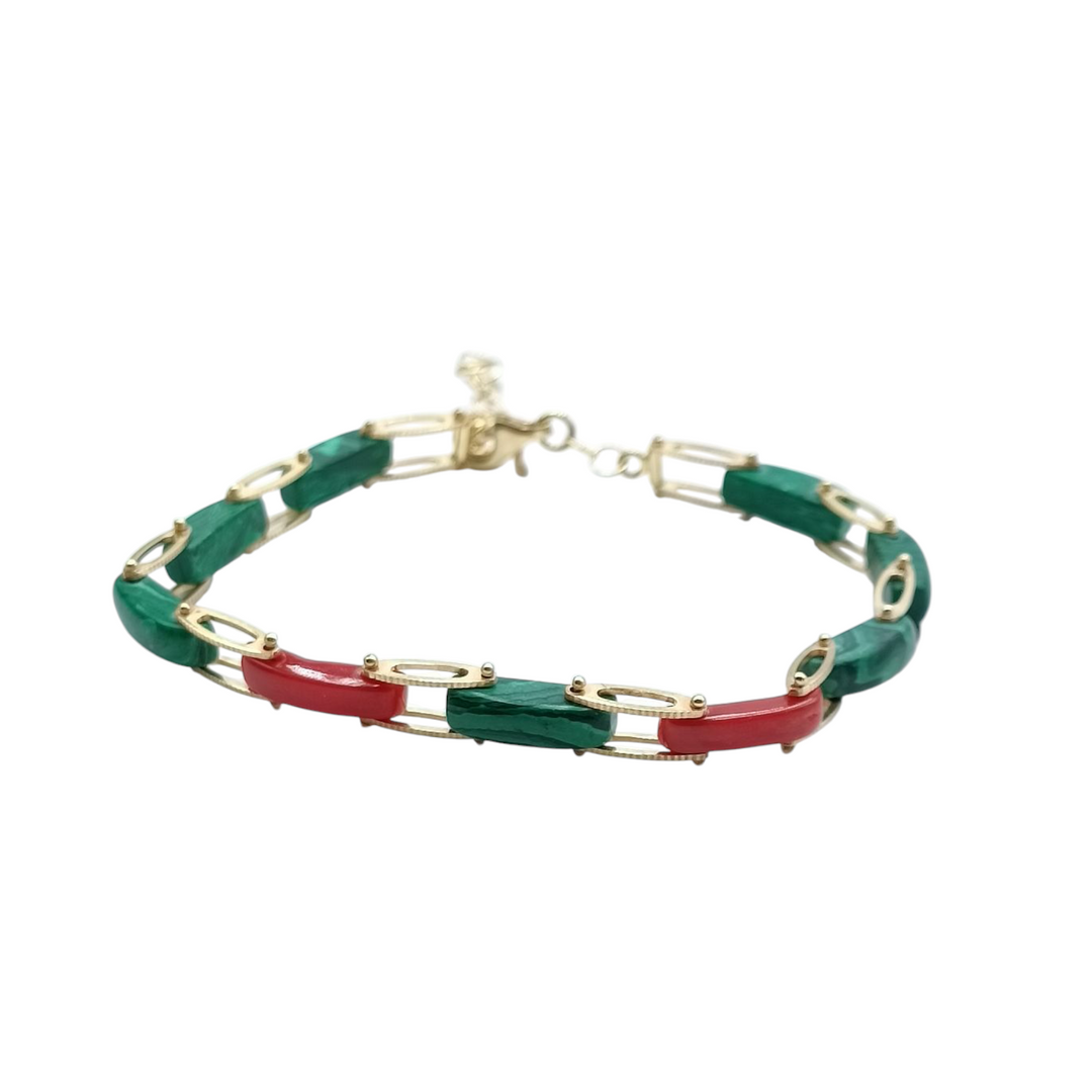 Men's bracelet in coral and malachite mounted on silver