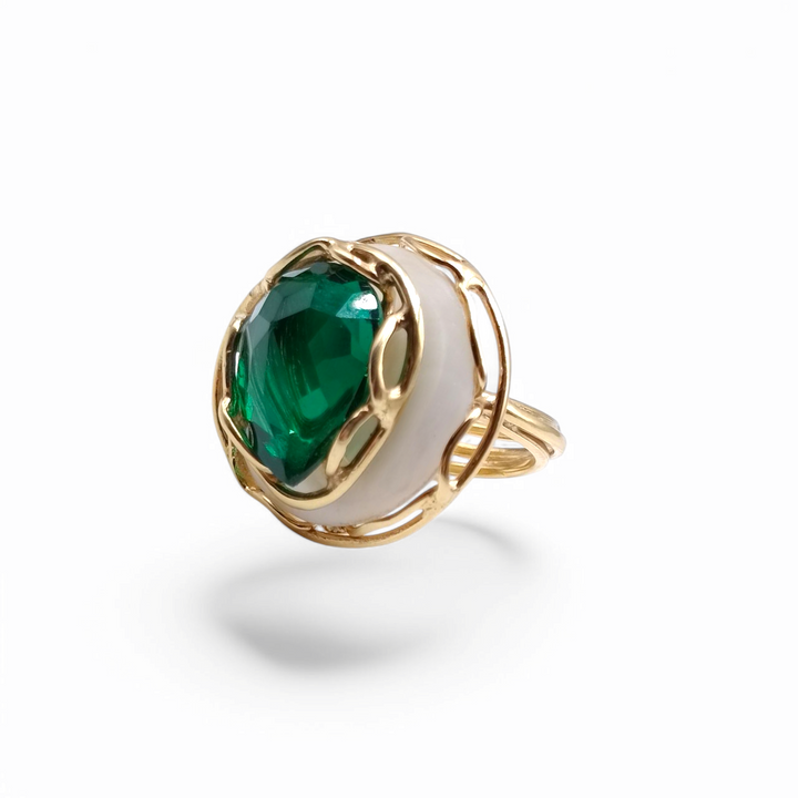 Green hydrothermal quartz and mother of pearl ring mounted on silver