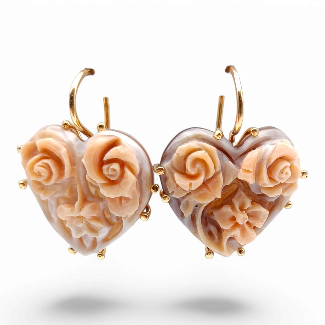 Sardonic cameo heart earrings mounted on silver