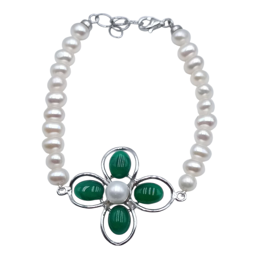 Jade and amethyst flower bracelet mounted on river pearls and silver