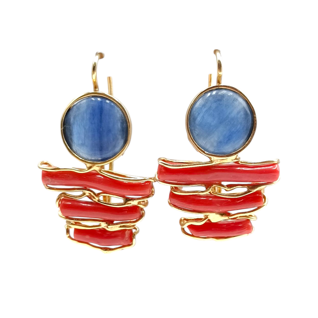 Coral and kyanite earrings mounted on silver