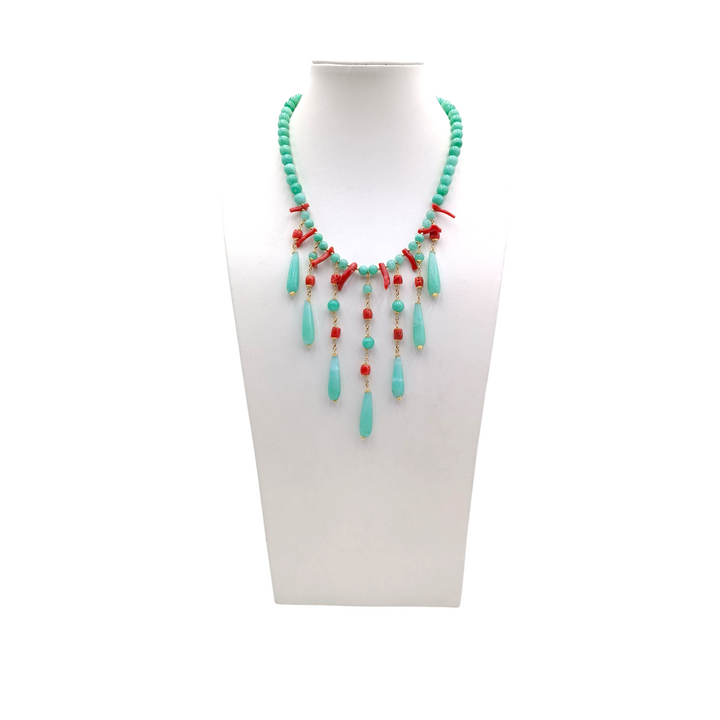 Collana giada verde e corallo rosso montato su argento