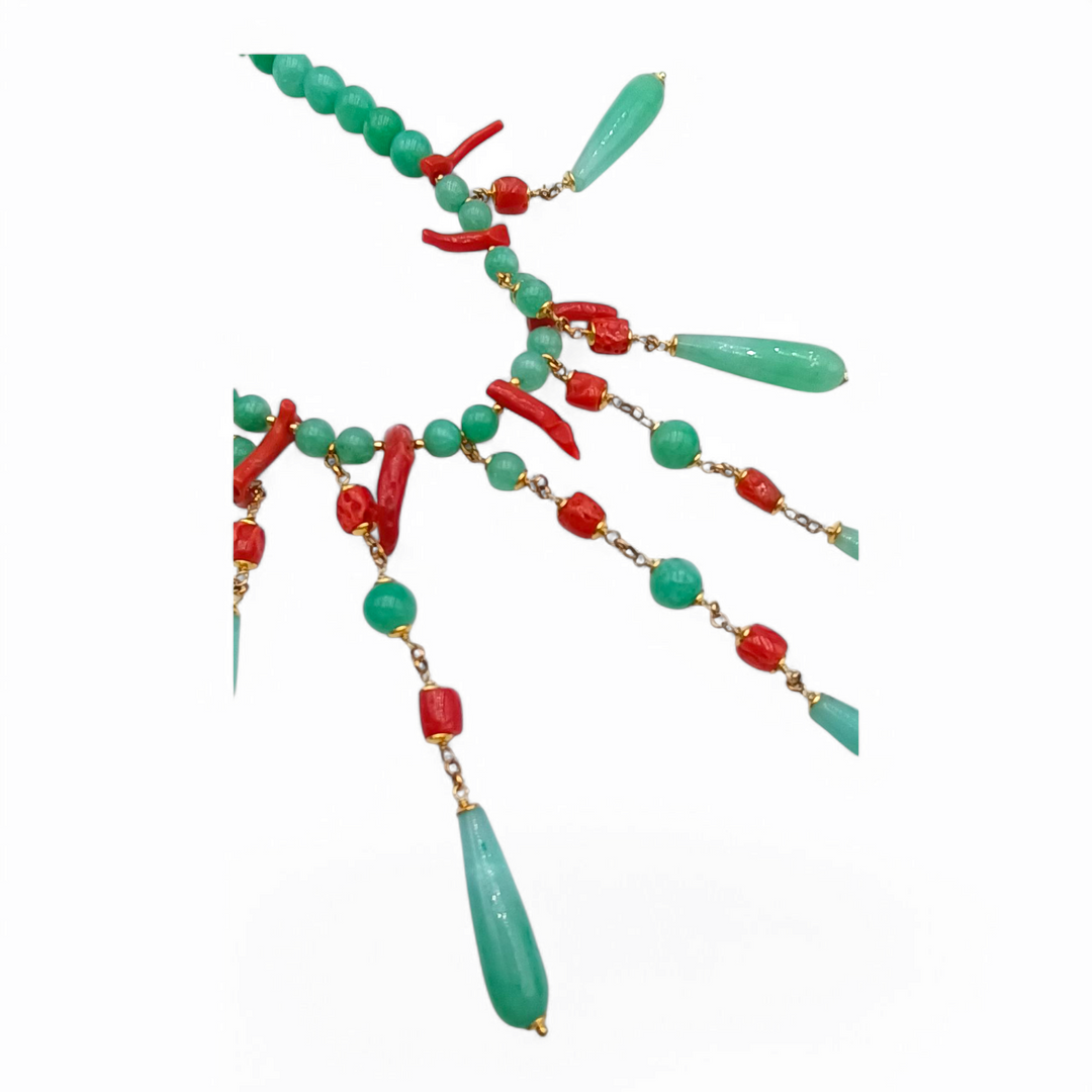Collana giada verde e corallo rosso montato su argento