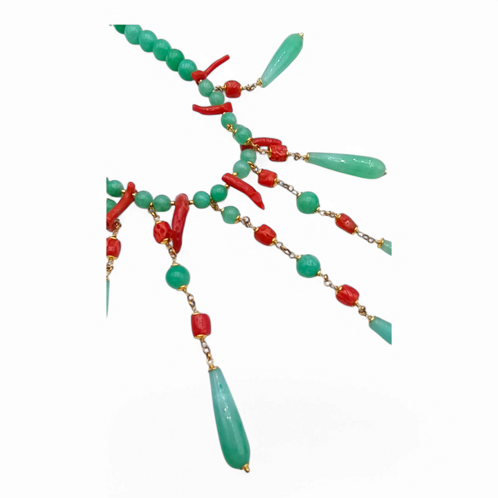 Collana giada verde e corallo rosso montato su argento