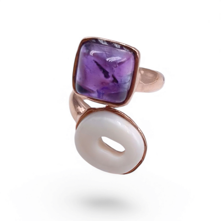 Coral and amethyst ring mounted on copper-plated silver