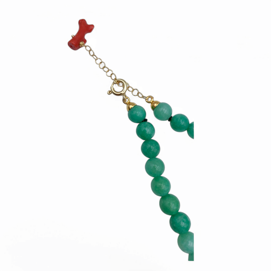Collana giada verde e corallo rosso montato su argento