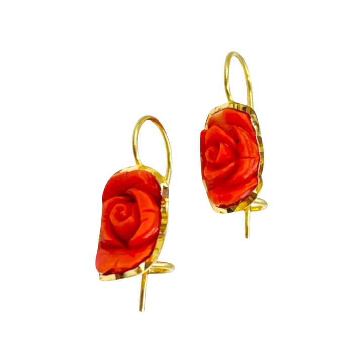 Coral rose earrings set in gold-plated silver