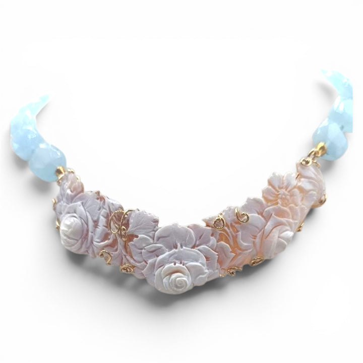 Collana collier di cammeo sardonico montato in acquamarina e argento dorato