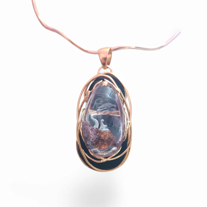 "Japanese Meditation" Cabochon Pendant in Quartz with Natural Lodlite with Back Engraving