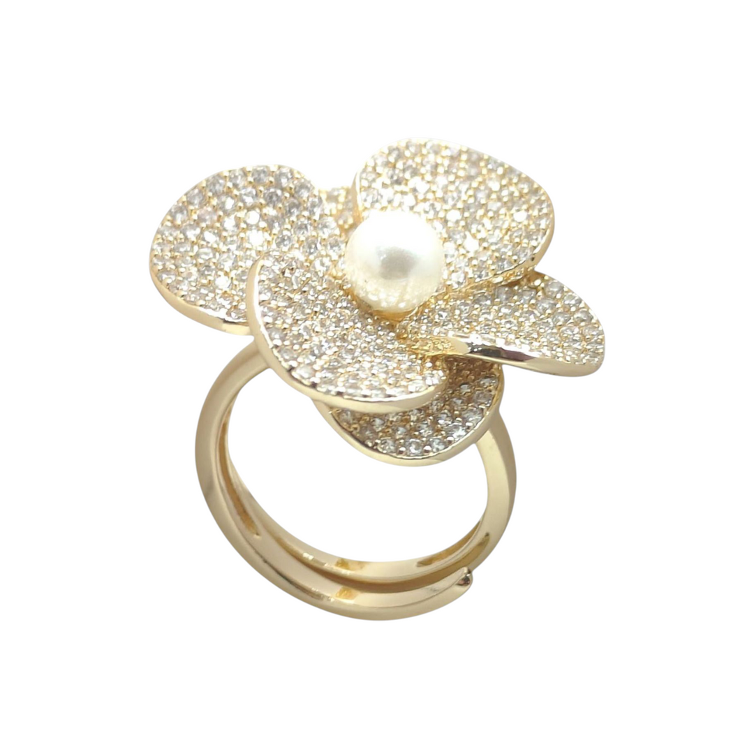 Anello fiore prezioso in perla e zirconi montato su bronzo