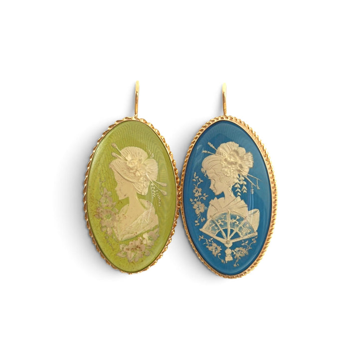 Orecchini Geisha di Ambra montati in Argento Dorato
