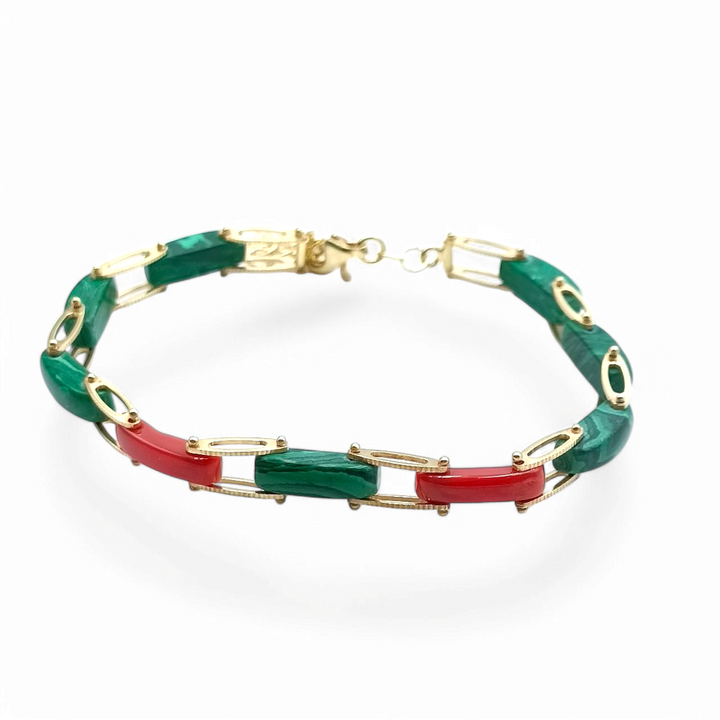 Men's bracelet in coral and malachite mounted on silver