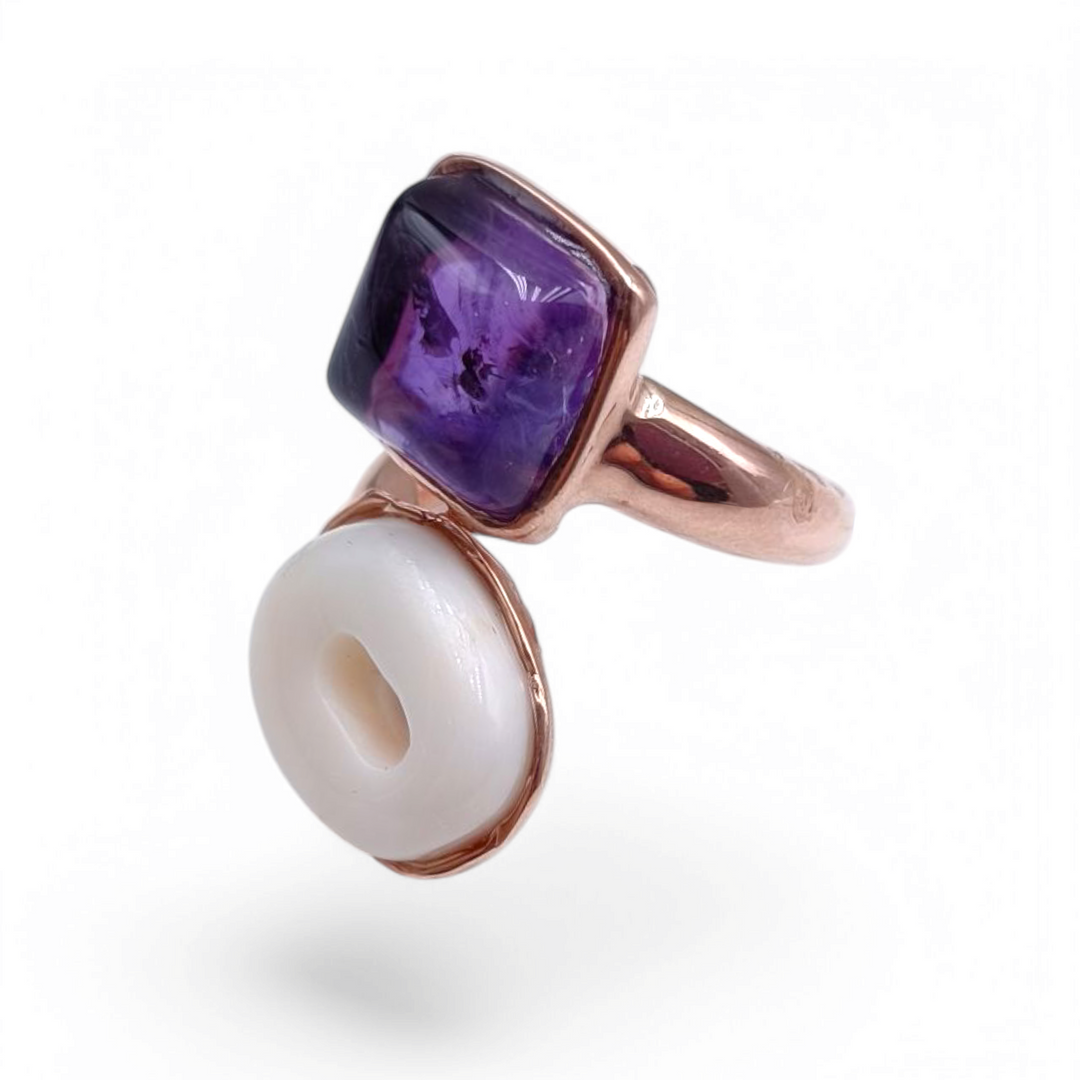 Coral and amethyst ring mounted on copper-plated silver