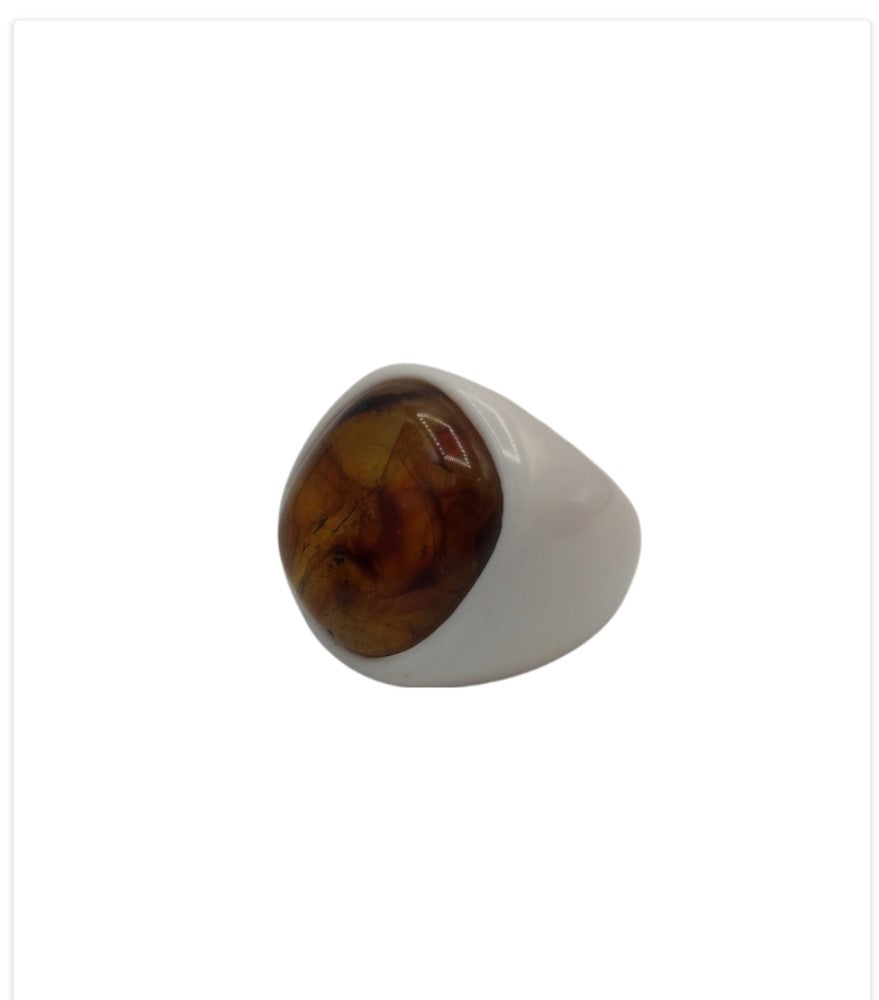 Anello ambra con agata bianca - Lucia Vitiello Gioielli di Napoli