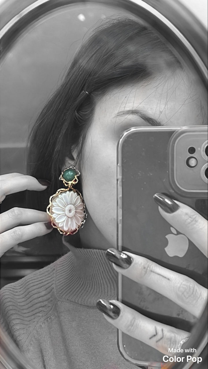 Round Daisy Cameo Earrings Mounted on Silver