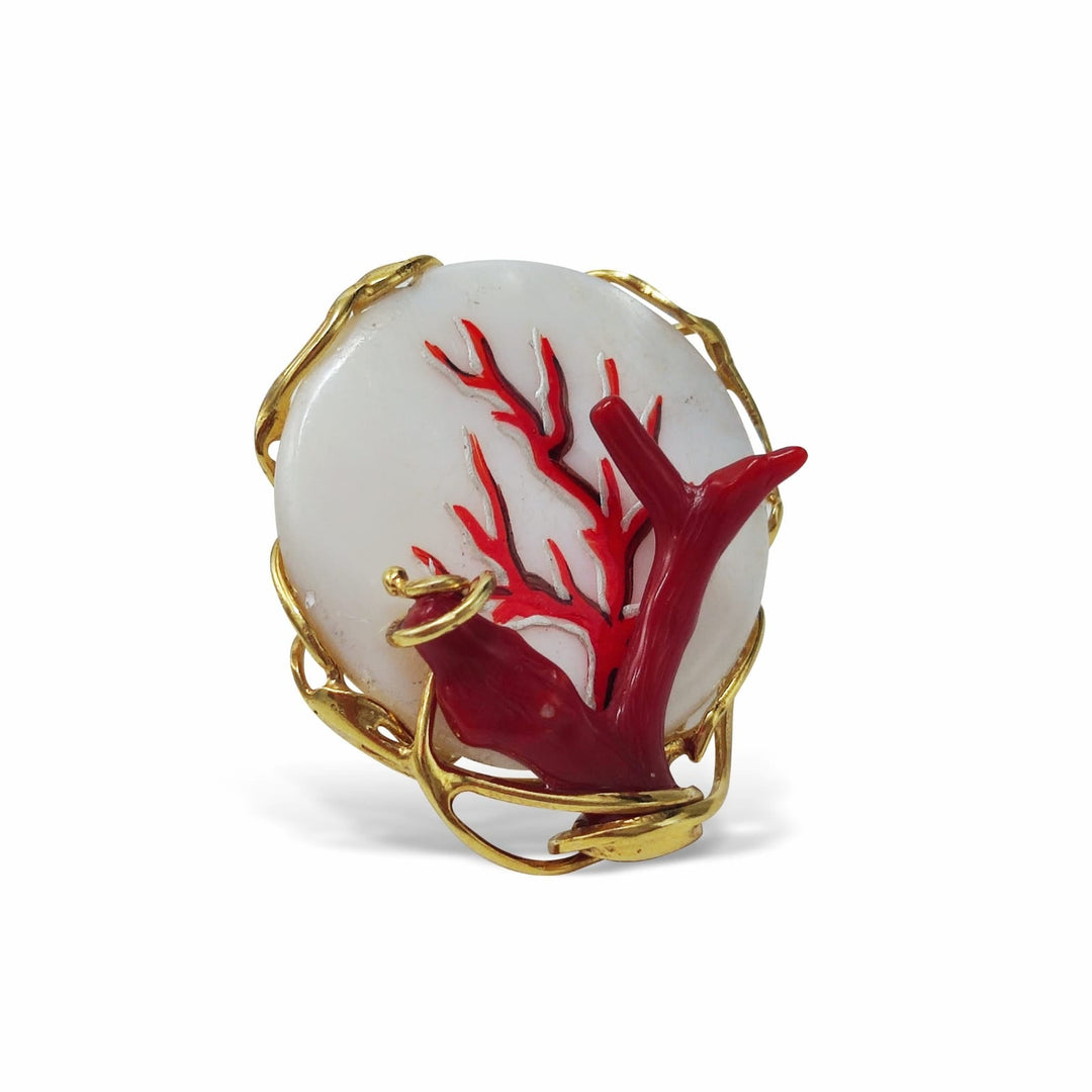 Anello ramo su madreperla e corallo vero  Lucia Vitiello Gioielli di Napoli