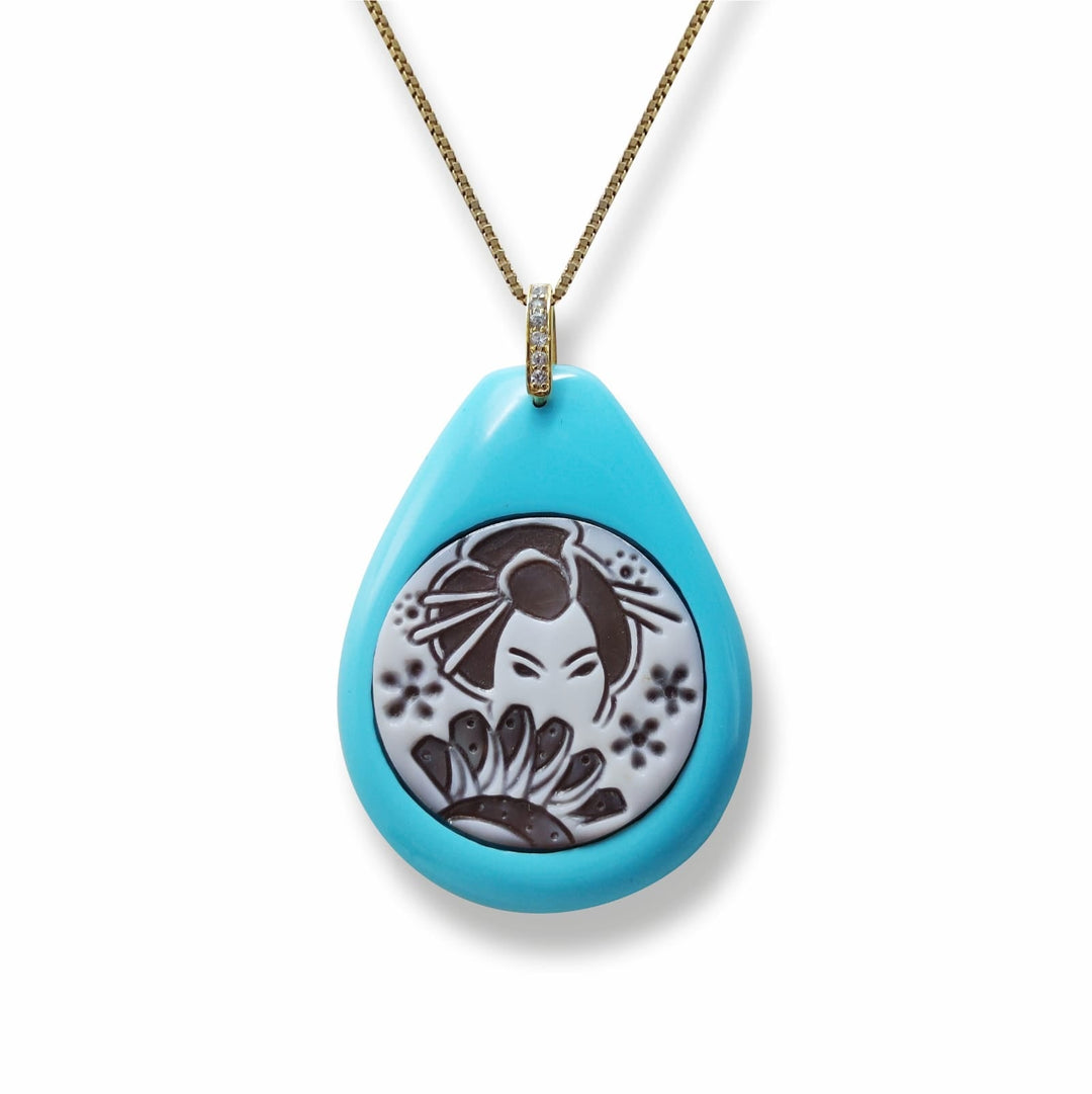 Linea orientale - Collana ciondolo Aikosu in cammeo montato su pasta turchese Lucia Vitiello Gioielli di Napoli