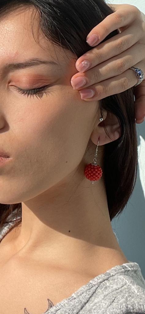 Real red coral sphere earrings mounted on silver