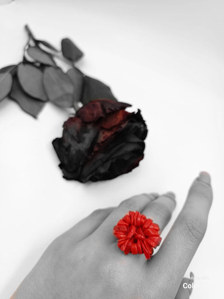Red coral flower ring mounted on silver