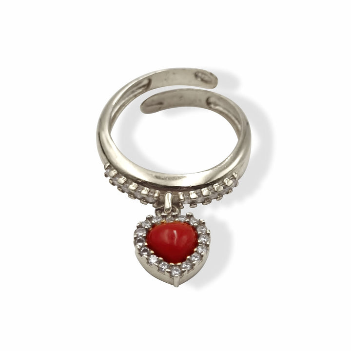Real coral heart pendant ring mounted on silver 