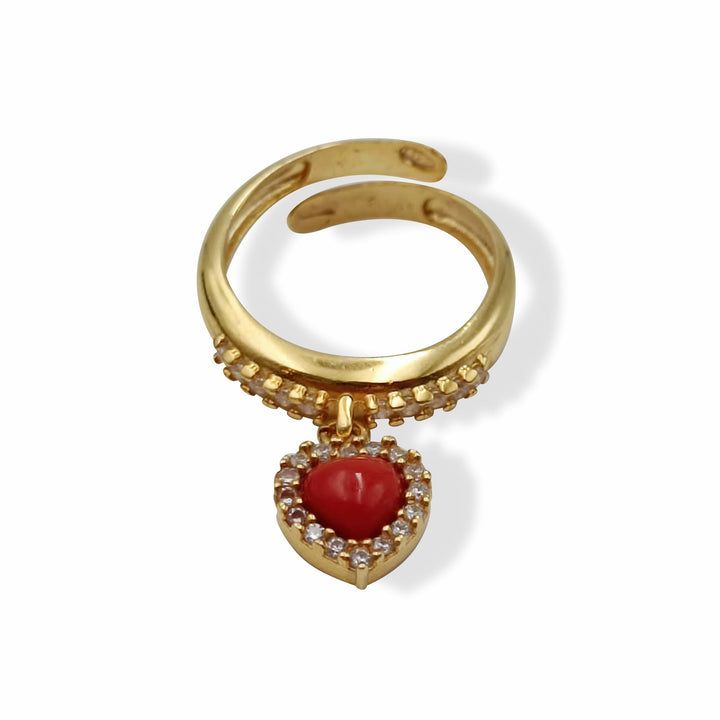 Real coral heart pendant ring mounted on silver 