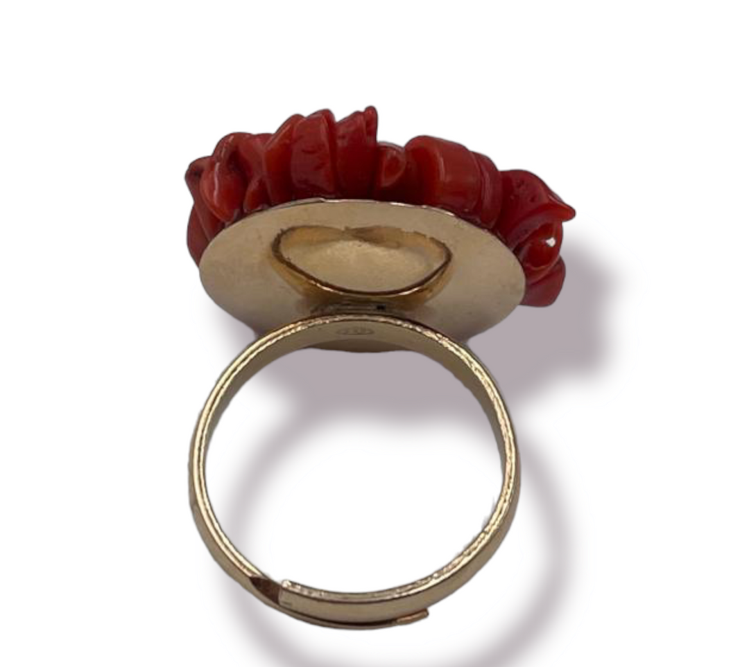 Red coral flower ring mounted on silver