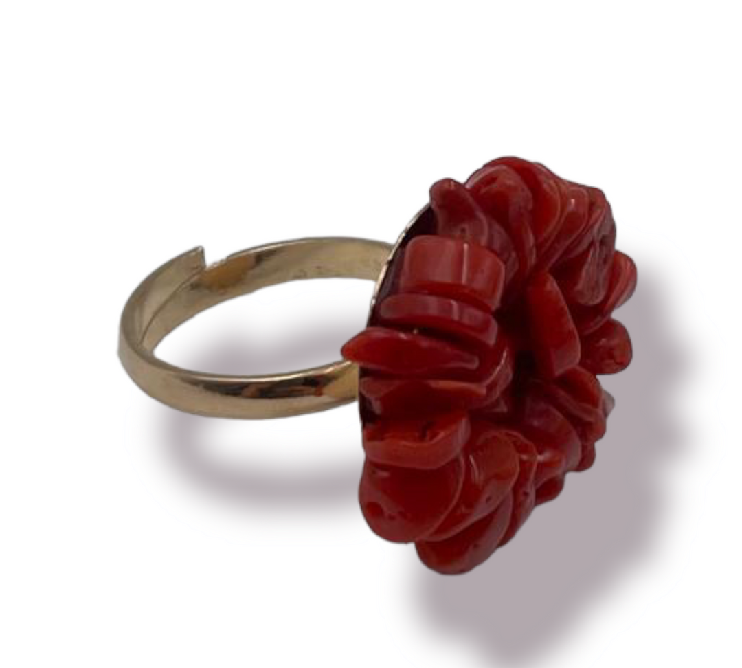 Red coral flower ring mounted on silver