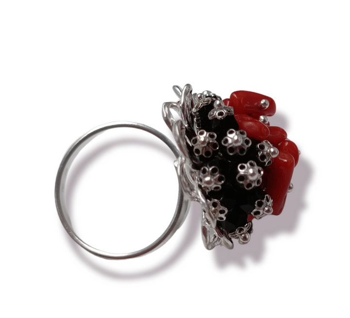 Anello su corallo vero ed agata